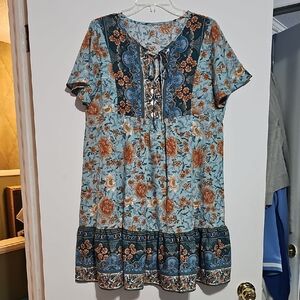 Floral Bohemian Dress with Blue and Orange Accents Sz Large Fall EUC Ruffle Hem